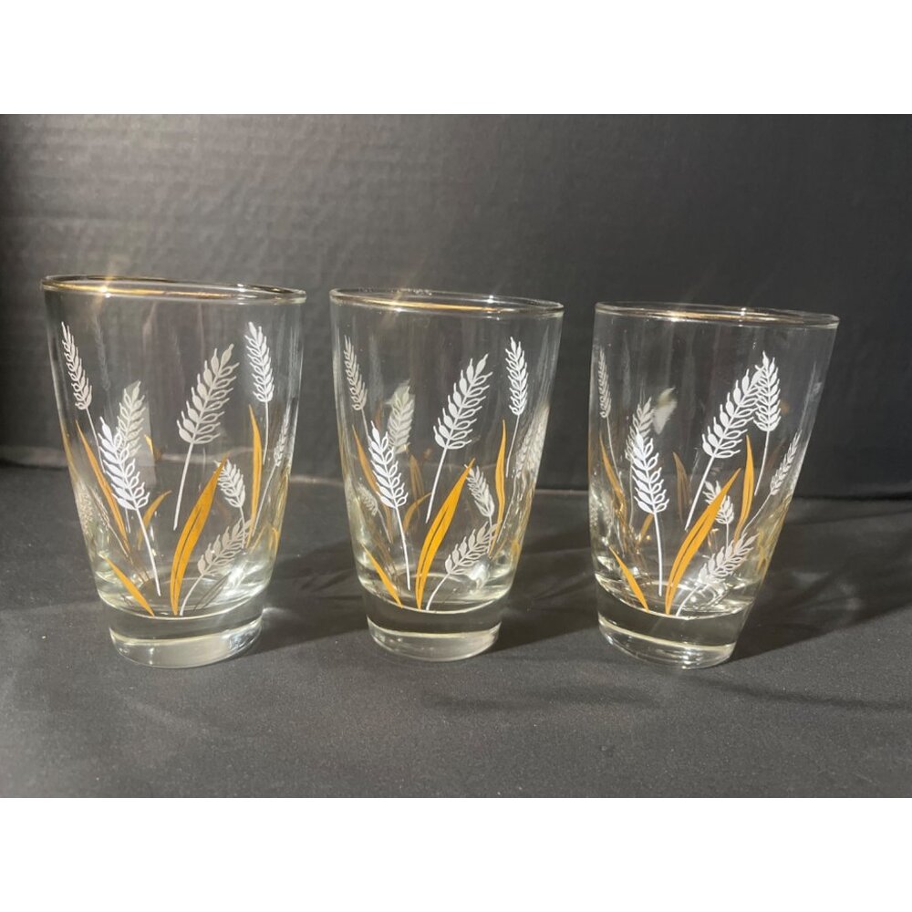 Libby MCM Wheat Gold Rim 8 oz Tumblers Glasses Set of 3